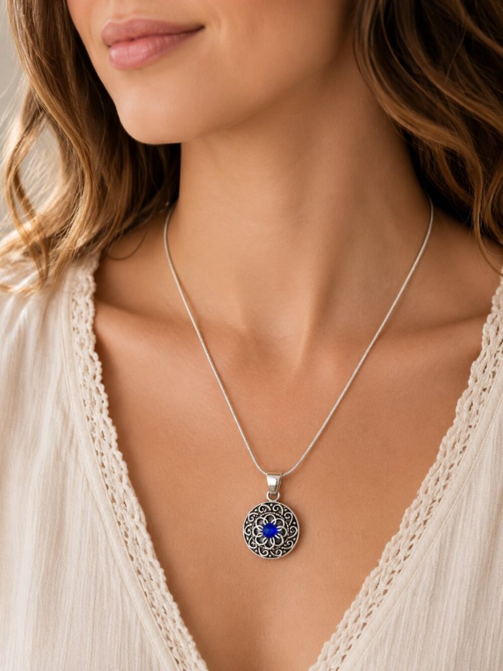 Silver Scroll Mini Snap Pendant Necklace Blue Amber Rhinestone Snaps